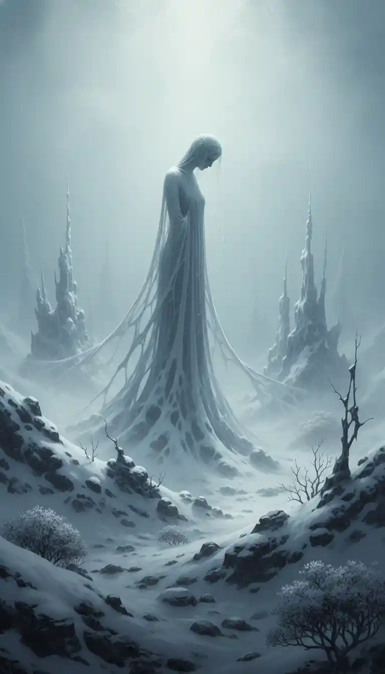 Ghostly figure in a misty blue winter landscape