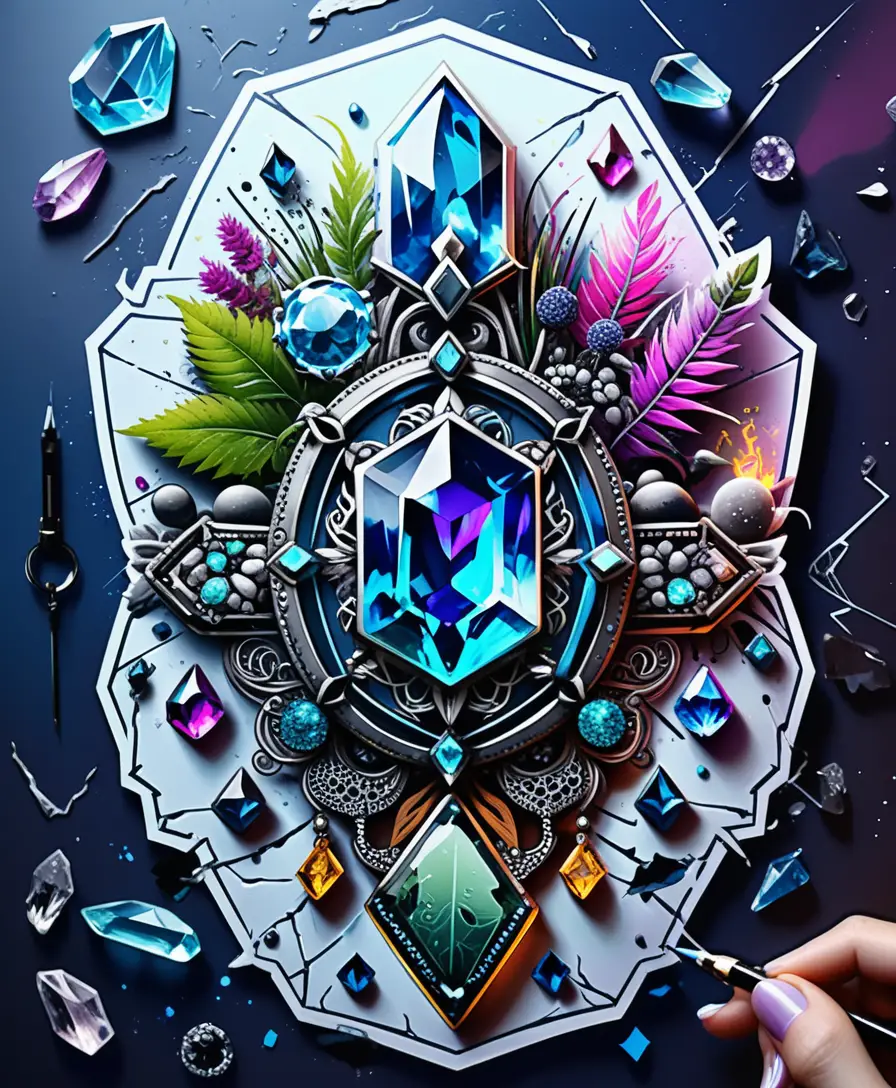 Mystical crystal jewelry tattoo illustration with neon details