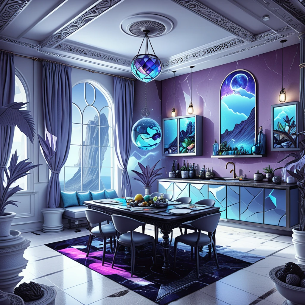 Isometrisches Miniatur-Dining-Interior mit Loft-Schlafzimmer und Wasser
