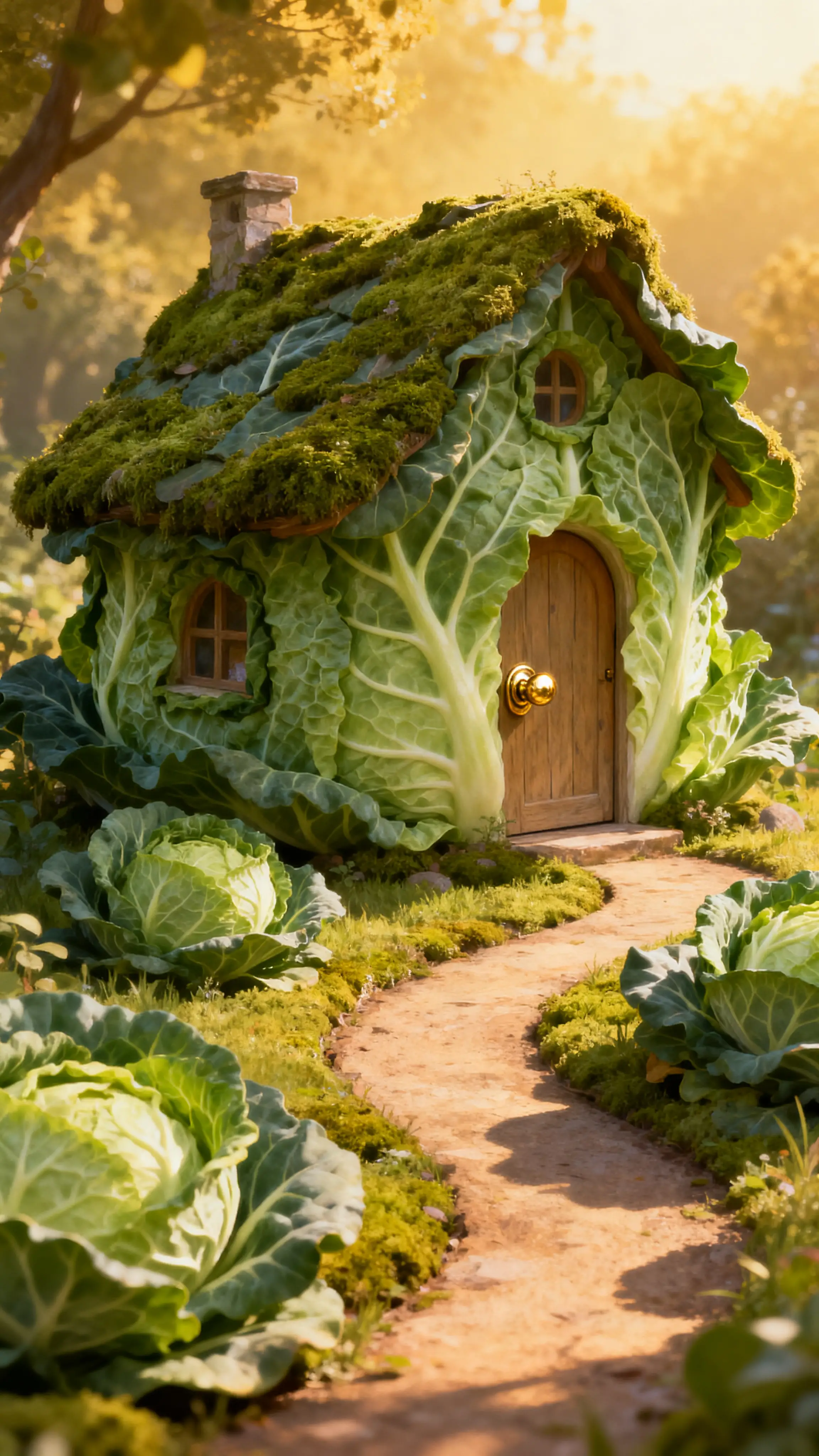 Fairytale cabbage leaf cottage with sunny garden path