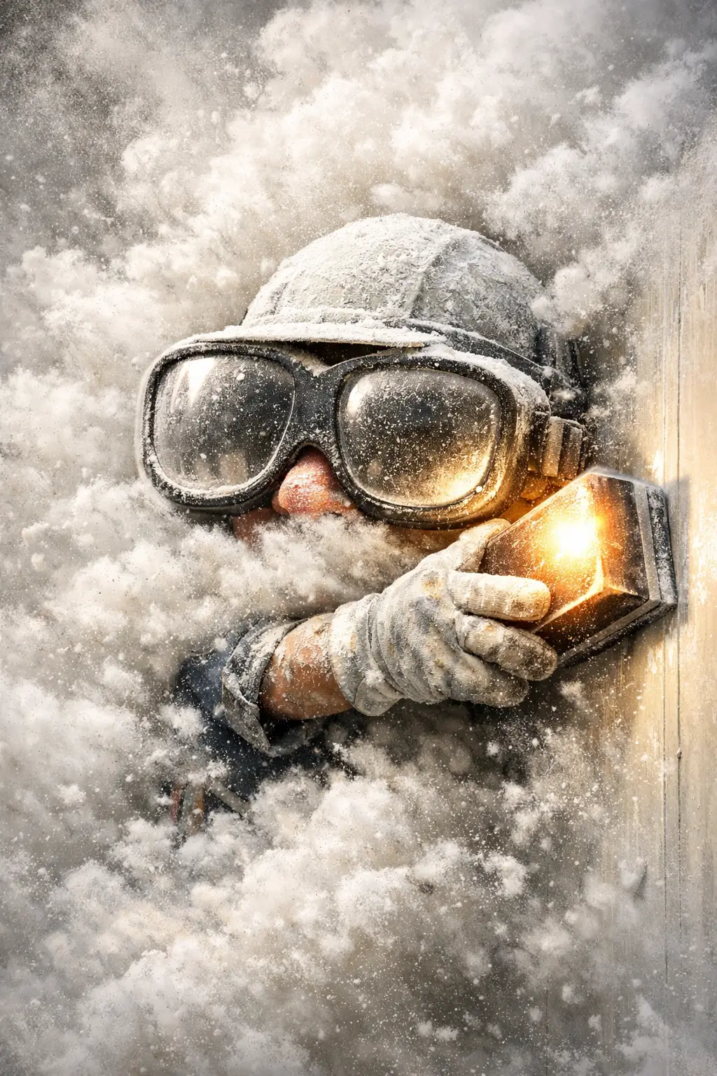 Comical Drywall Finisher Sanding Wall In Cloud Of Dust