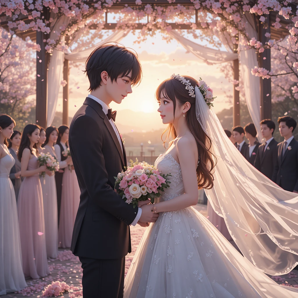 Romantic anime wedding couple under cherry blossom petals