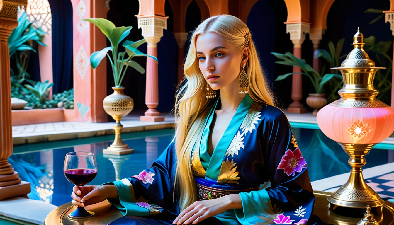 Mystical blonde enchantress at a gilded table in a palace