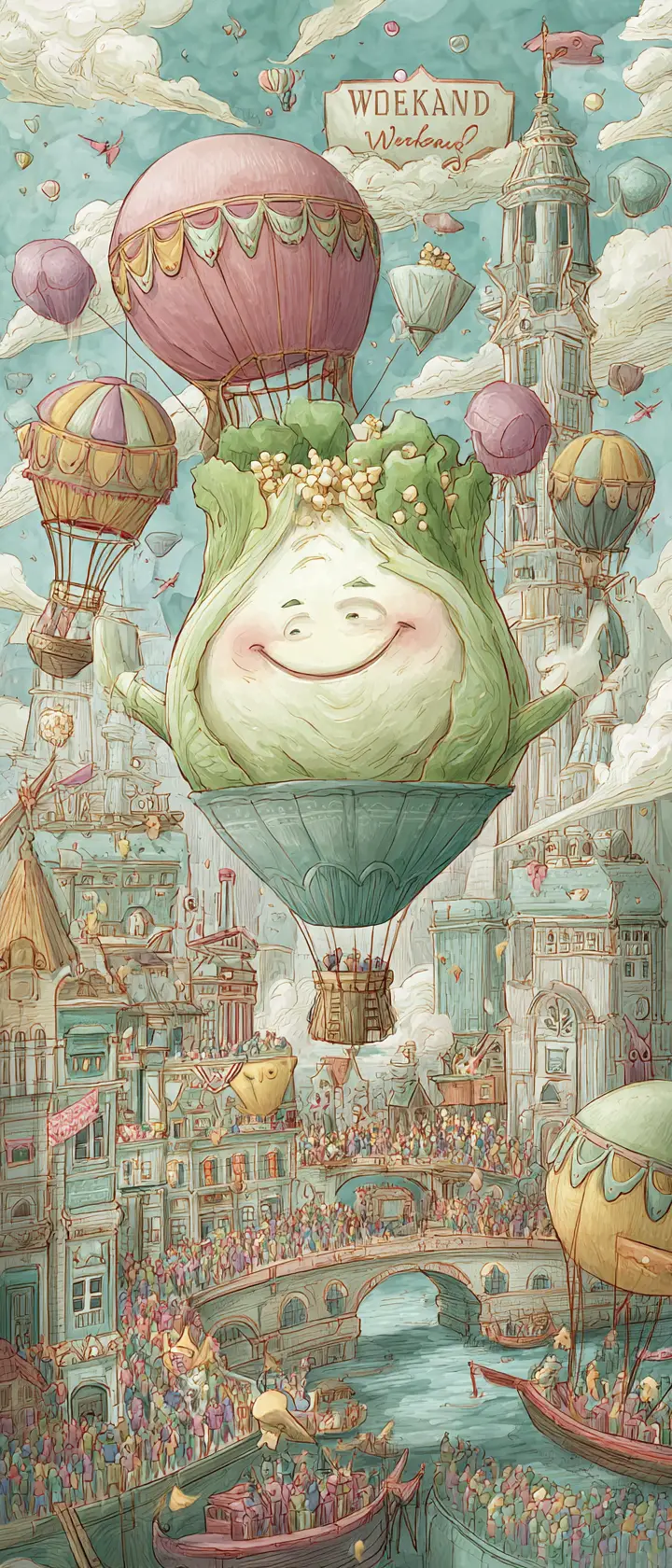 Whimsical cabbage character in a lively pastel city