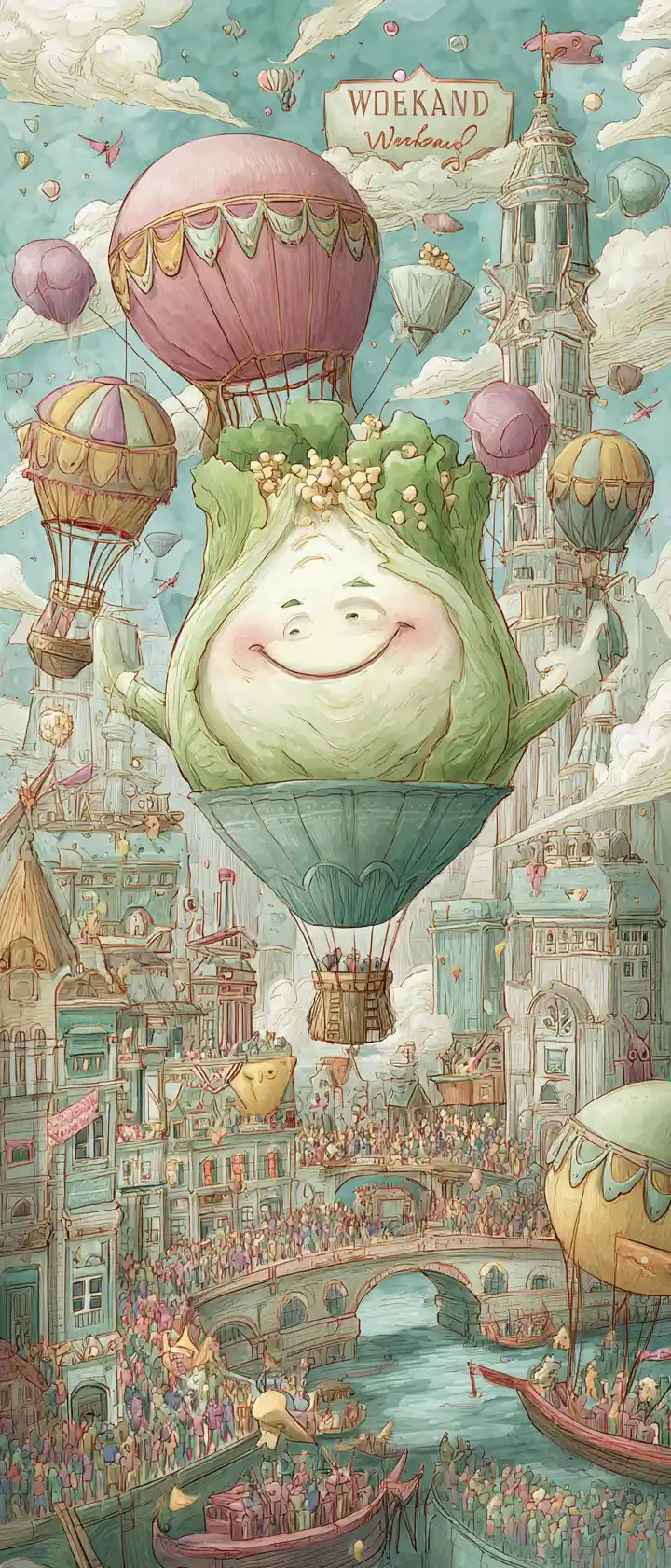 Whimsical cabbage character in a lively pastel city