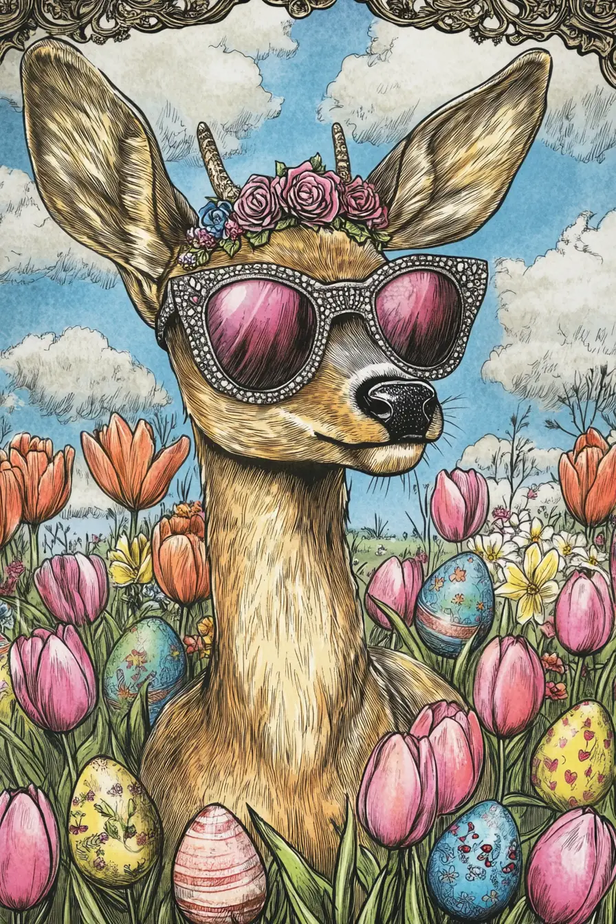 Anthropomorphic deer diva in a tulip field with Easter eggs