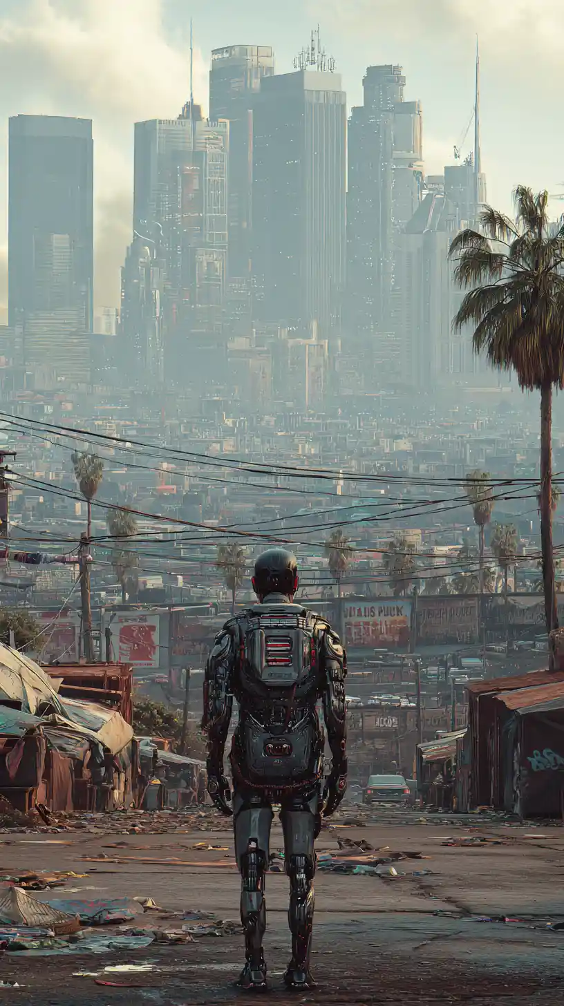 Cyborg overlooking a chaotic futuristic Los Angeles cityscape