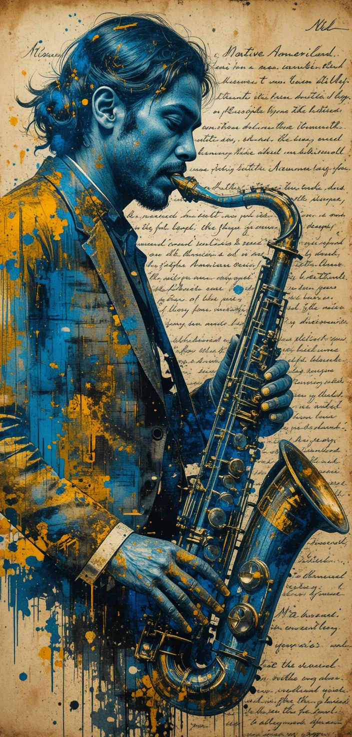 Abstract double exposure of saxophone and vintage document