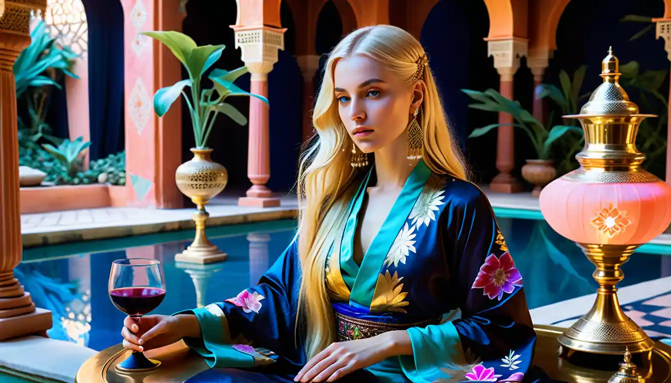 Mystical blonde enchantress at a gilded table in a palace