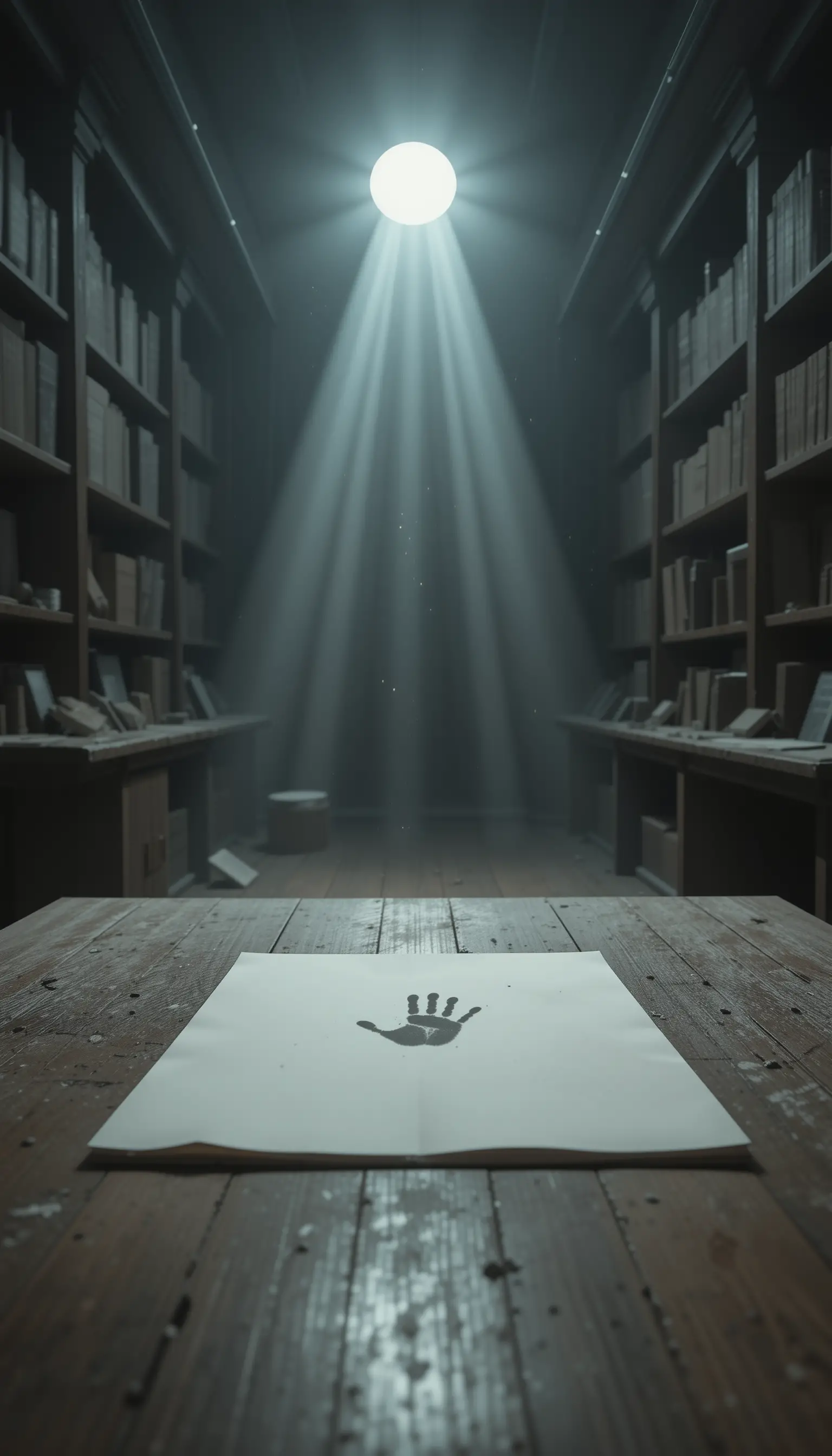 Blank paper with ghostly handprint in silent old library