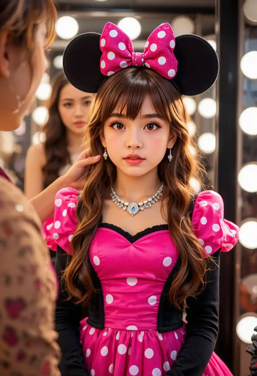 Giovane ragazzo con vestito di Minnie che si fa truccare in camerino