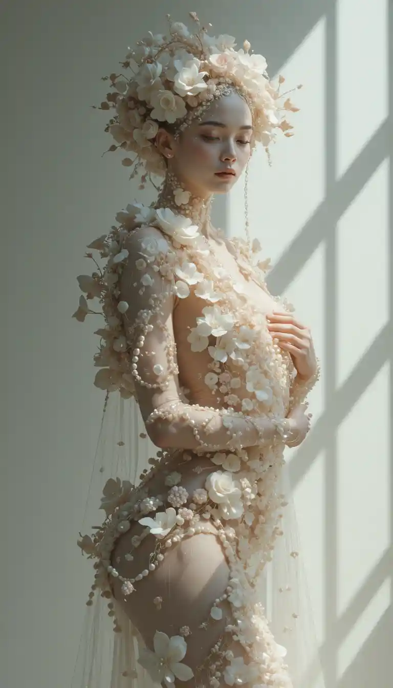 Woman curled in pearls with soft floral adornments