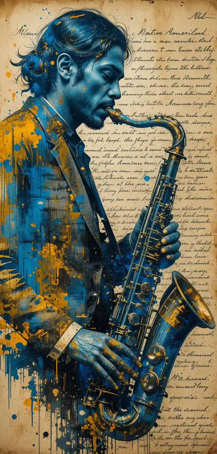 Abstract double exposure of saxophone and vintage document