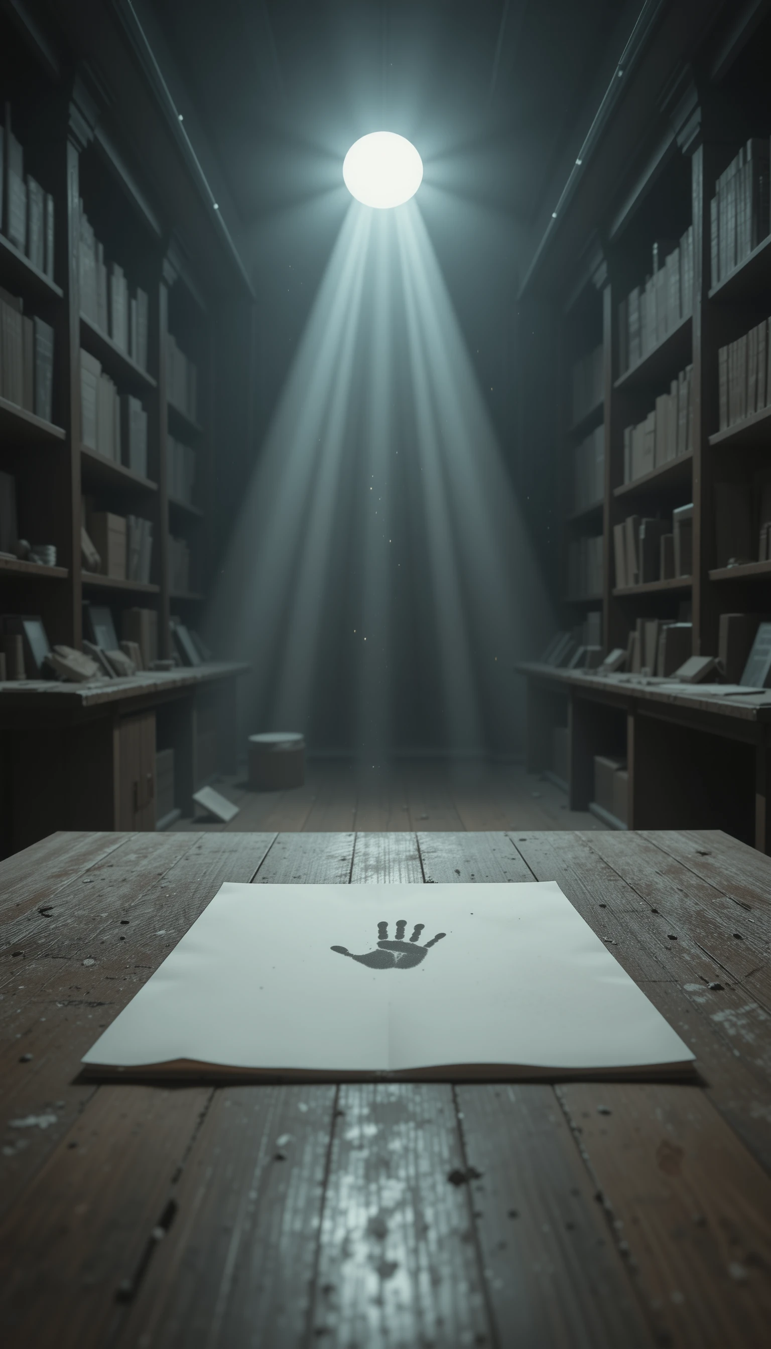 静かな古い図書館に浮かぶ幽霊の手形のある白紙