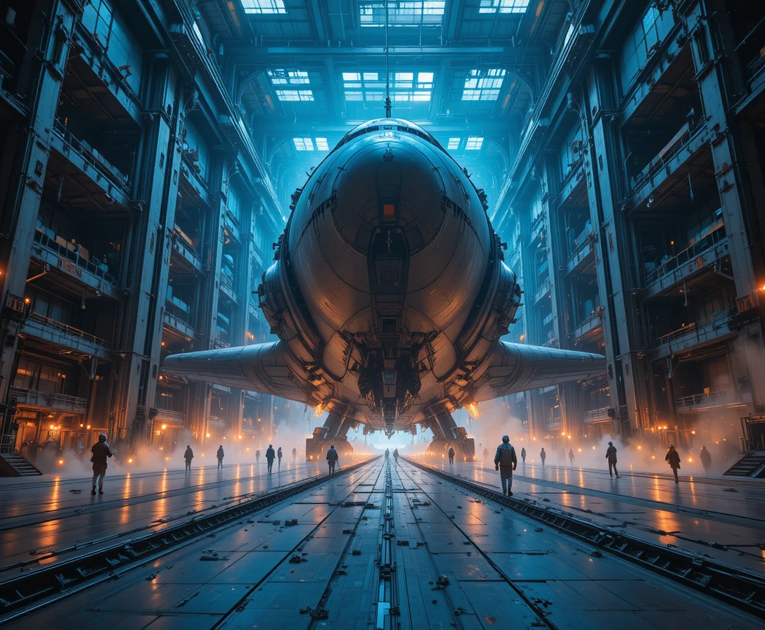 Gigantisches Industrieschiff in einem weitläufigen Raumstationshangar