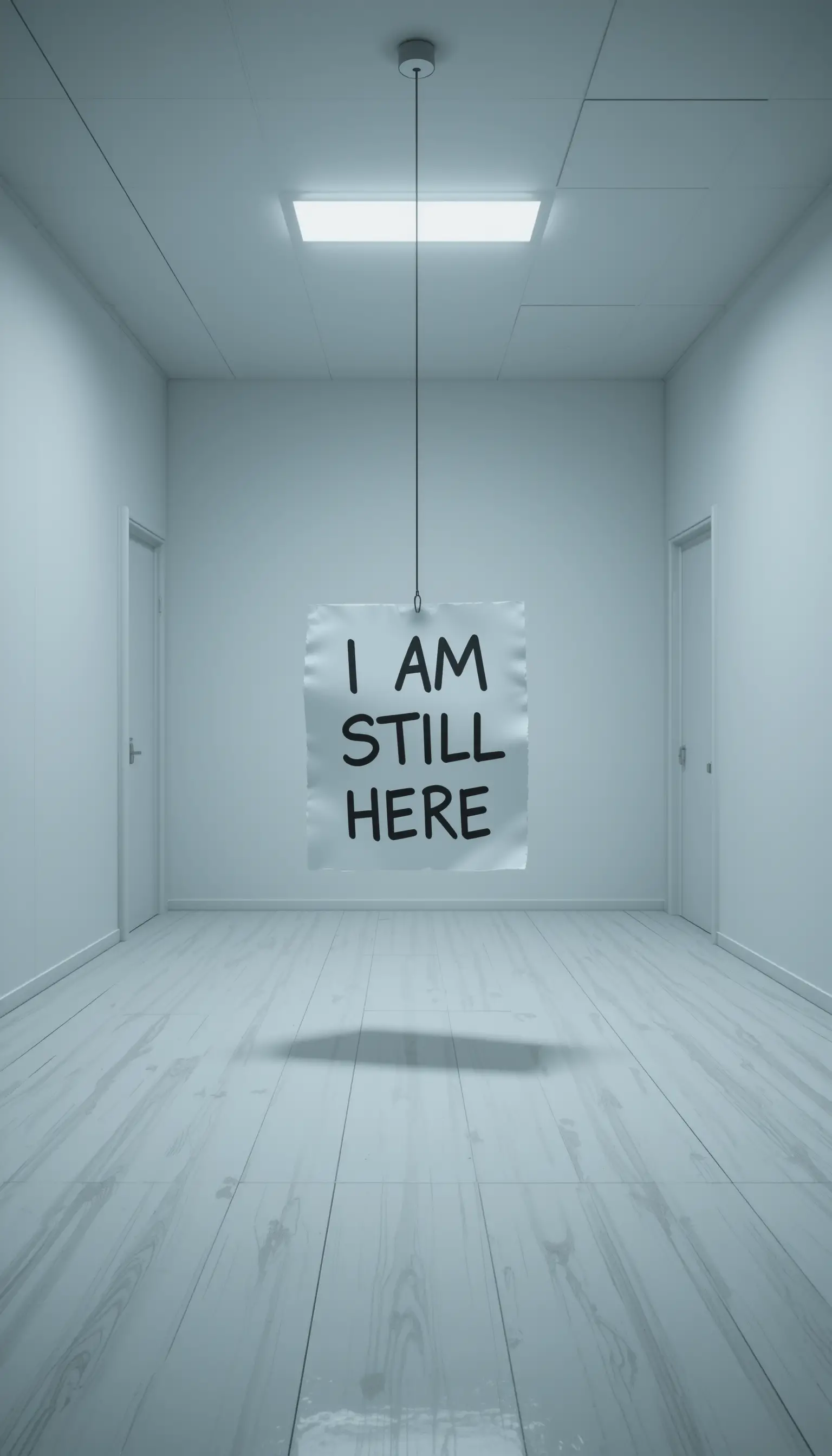 Single sheet of paper hanging in an empty white room