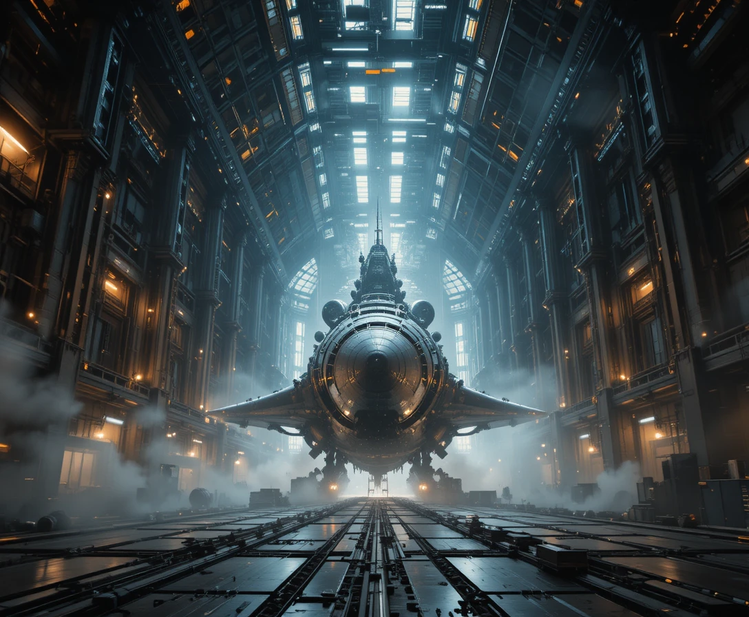 Colosal bahía de carga de estación espacial con nave industrial atracada