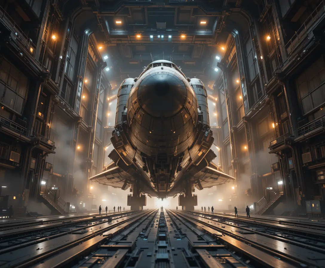 Colossal spacecraft docked in vast space station bay