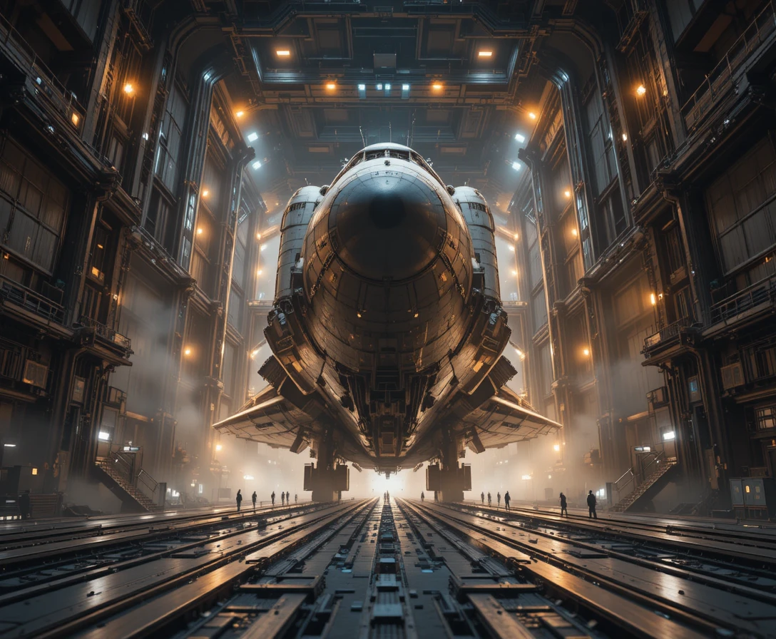 Nave colossal atracada em um vasto hangar de estação espacial