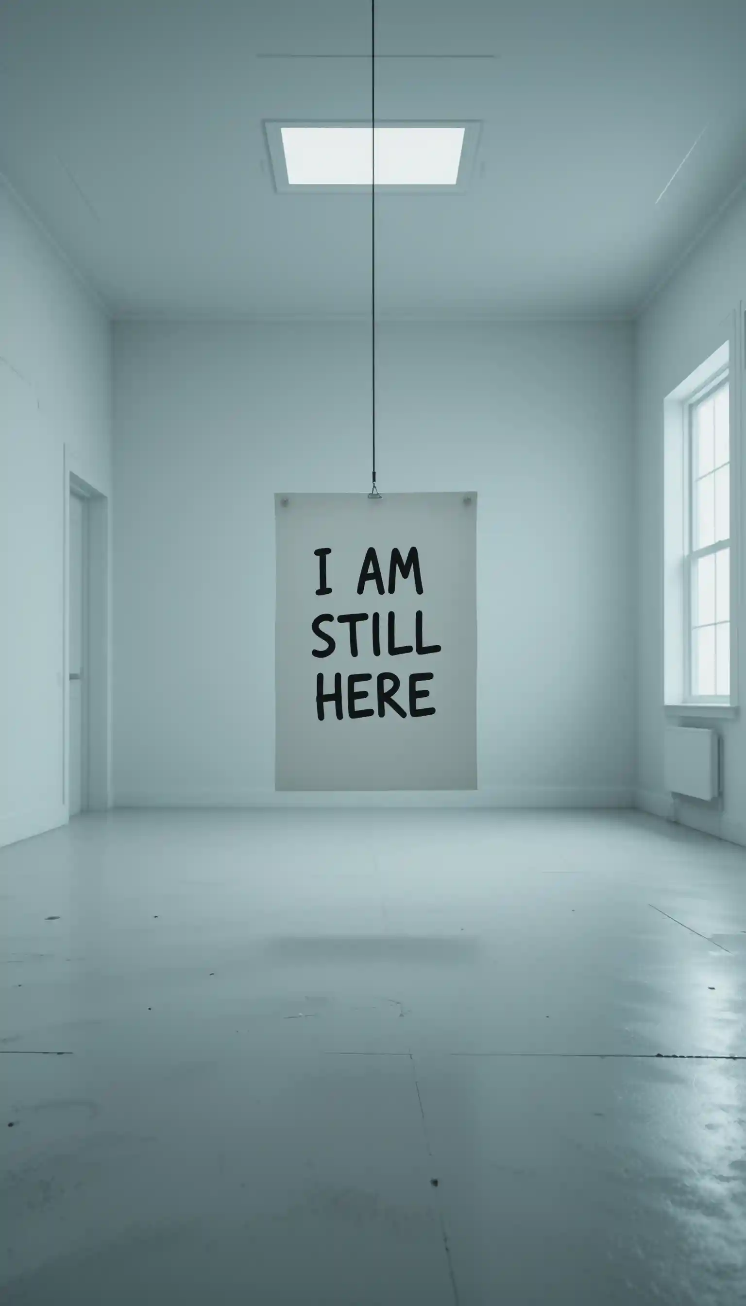 Single sheet of paper hanging in a vast white room