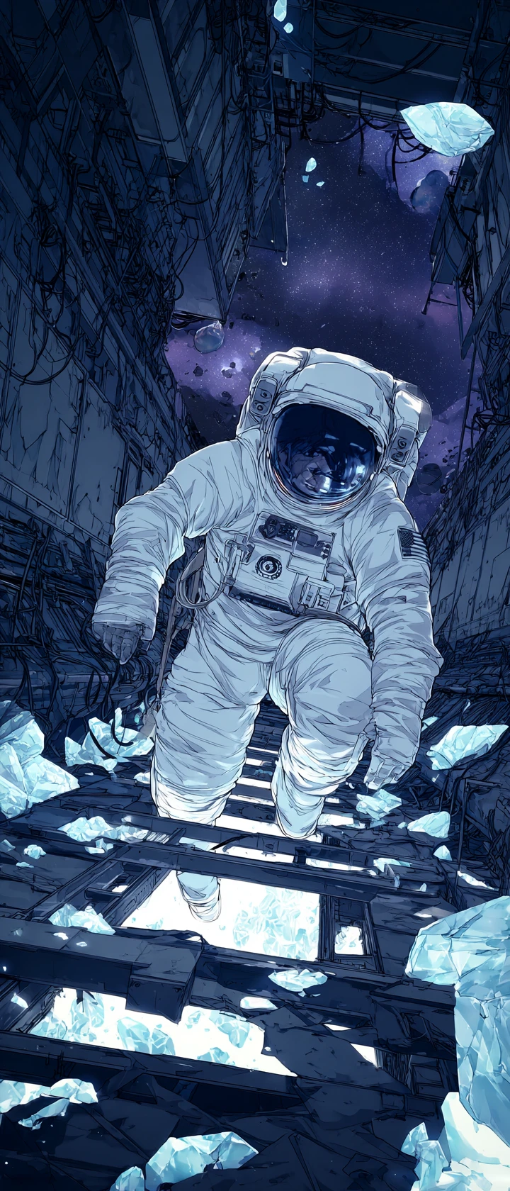 Astronauta repara estação espacial danificada em cena estilo anime