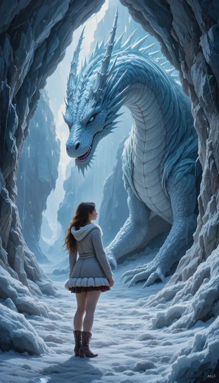 Donna di fronte a un drago di ghiaccio in una grotta gelata e luminosa