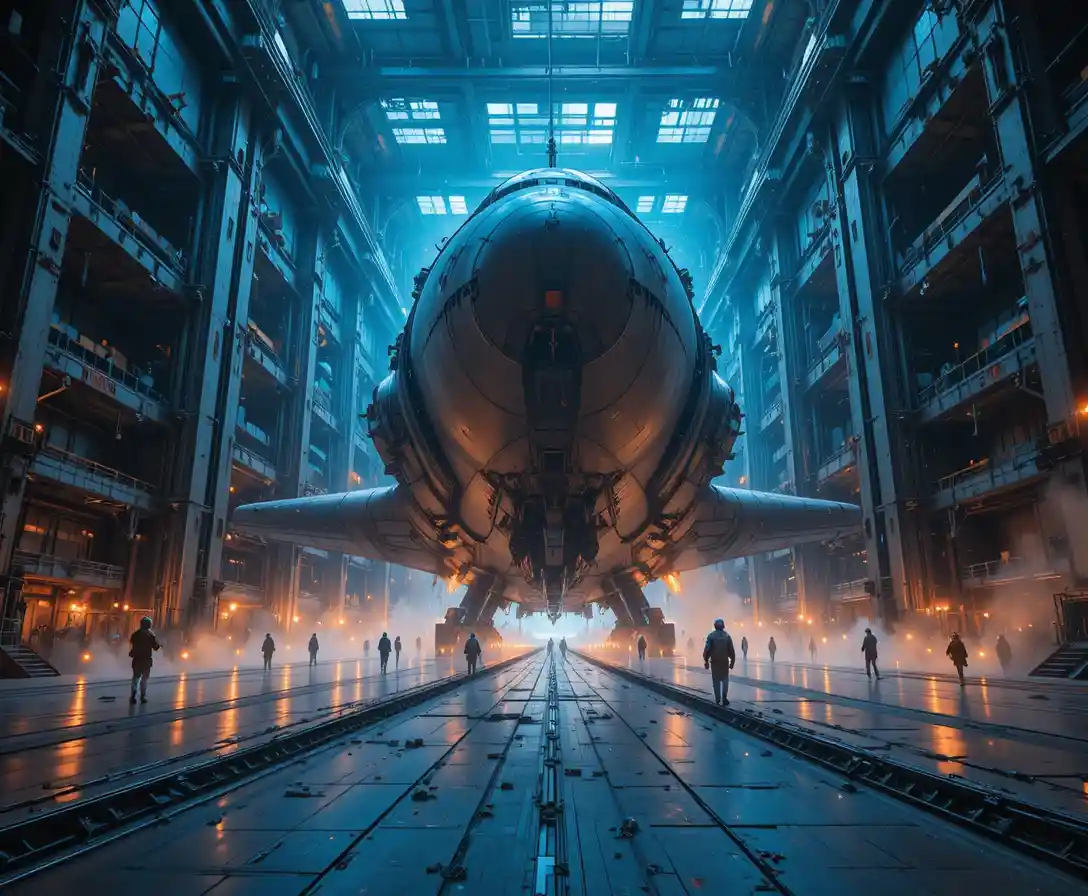 Gigantic industrial spaceship in a vast space station hangar