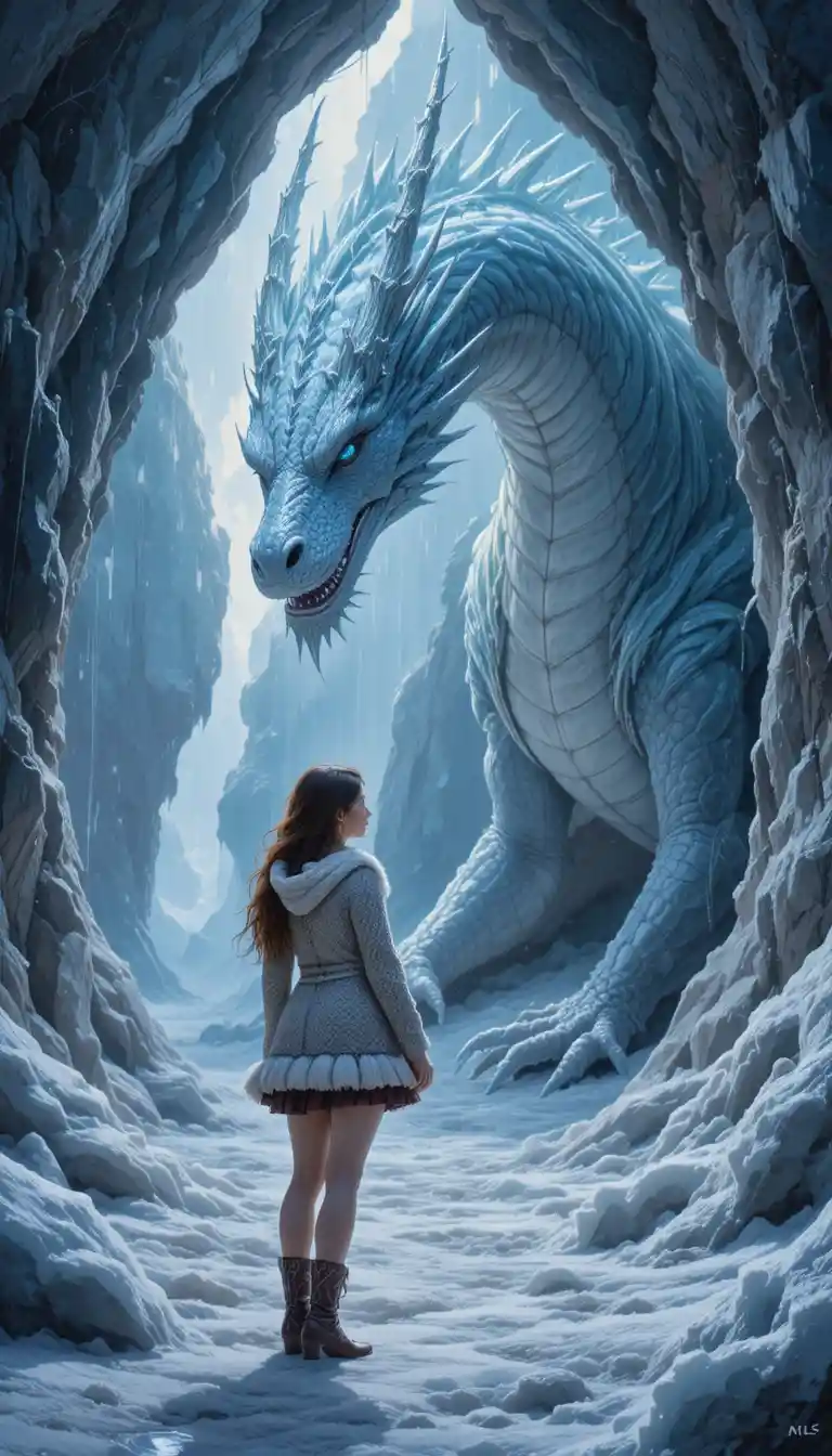 Donna di fronte a un drago di ghiaccio in una grotta gelata e luminosa