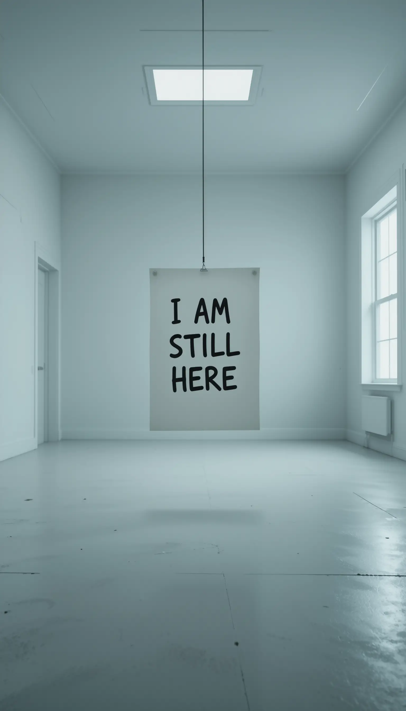 Single sheet of paper hanging in a vast white room