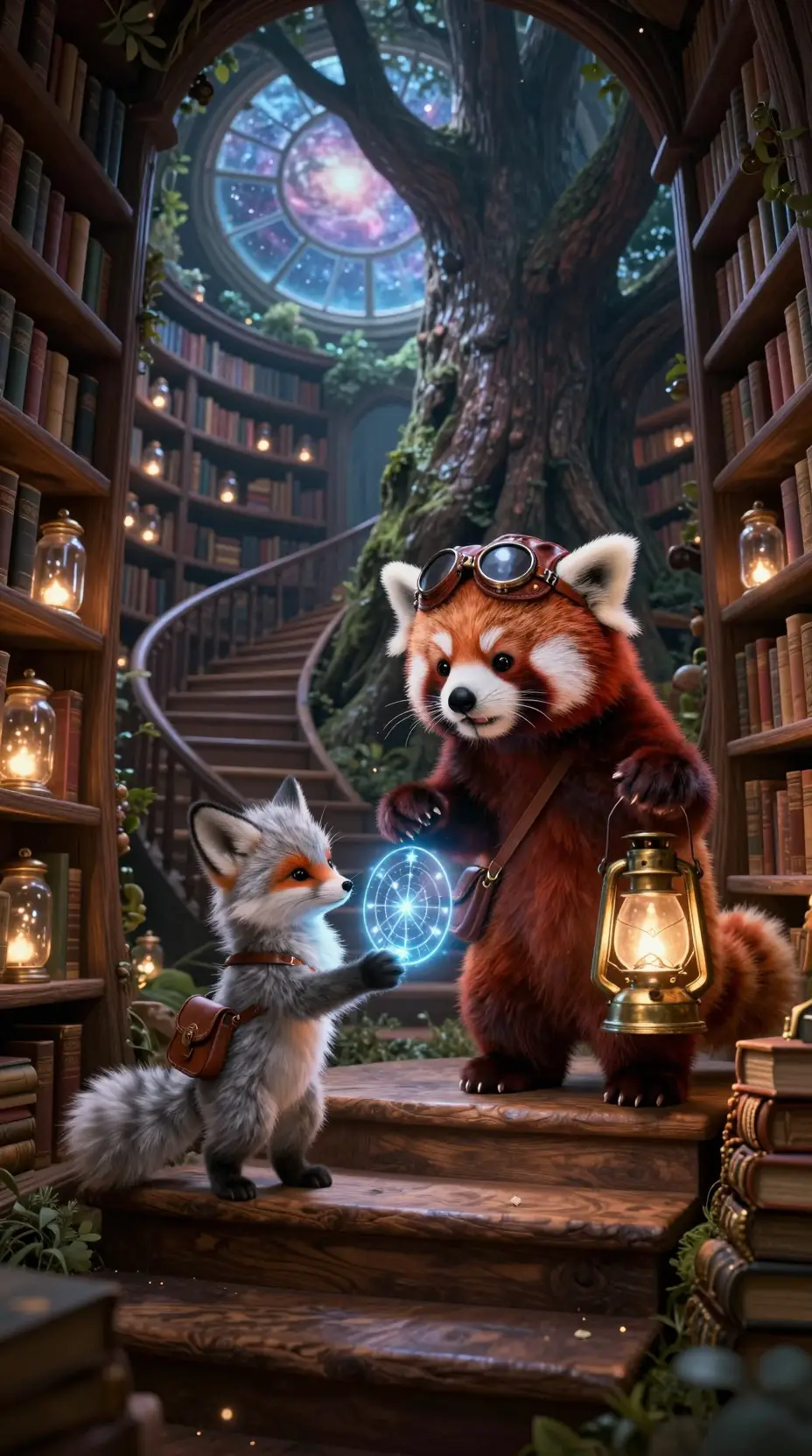 Tiny explorers in a mystical tree library at night