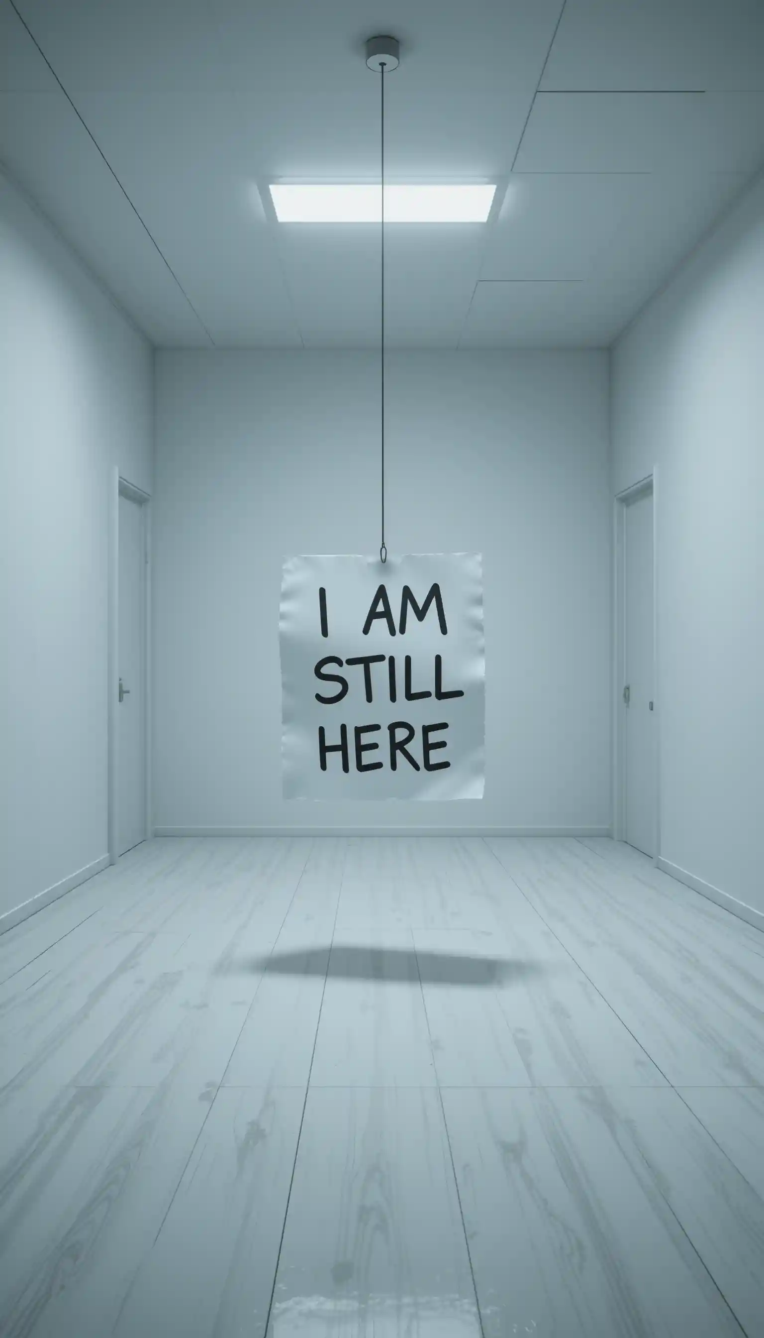 Single sheet of paper hanging in an empty white room