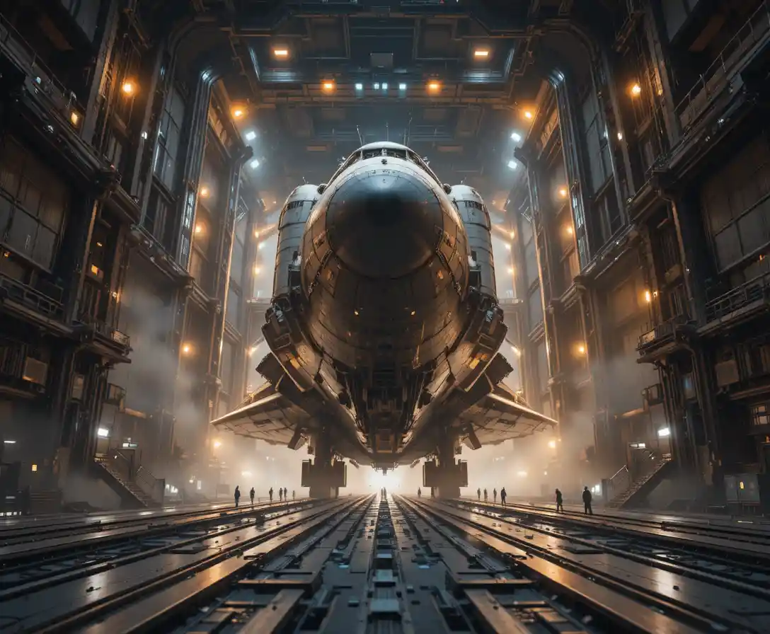 Colossal spacecraft docked in vast space station bay