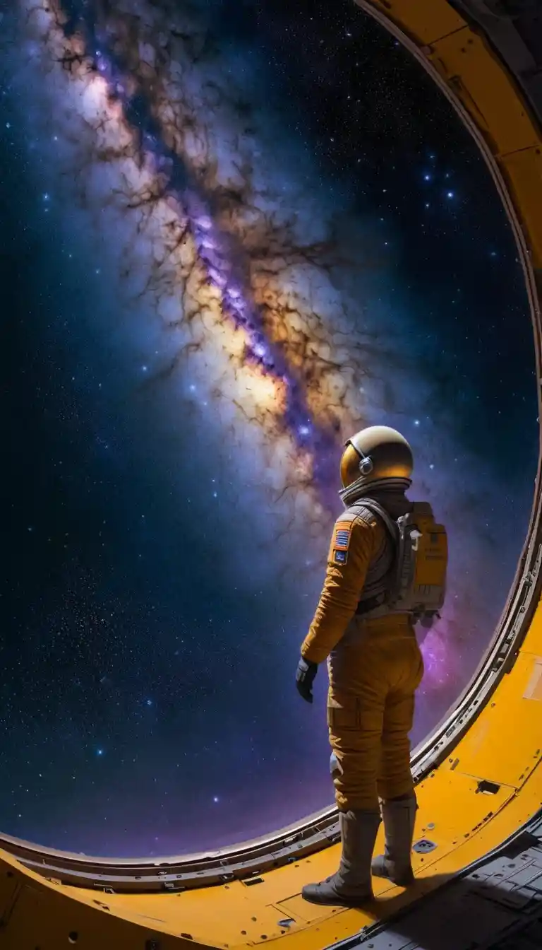 Homem observando a galáxia de Andrômeda pela janela de uma estação espacial