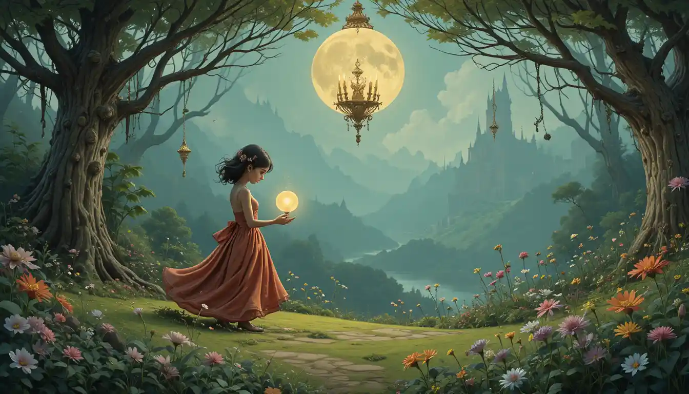 Foresta fantasy malinconica piena di lucciole luminose