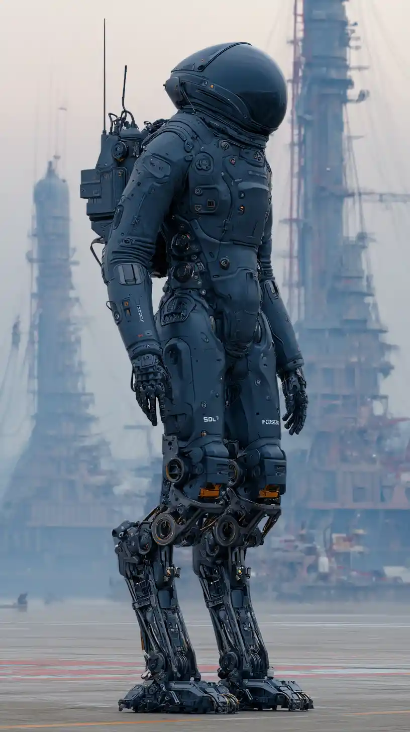 Guerreiro cyberpunk com exoesqueleto em rua futurista de Moscou