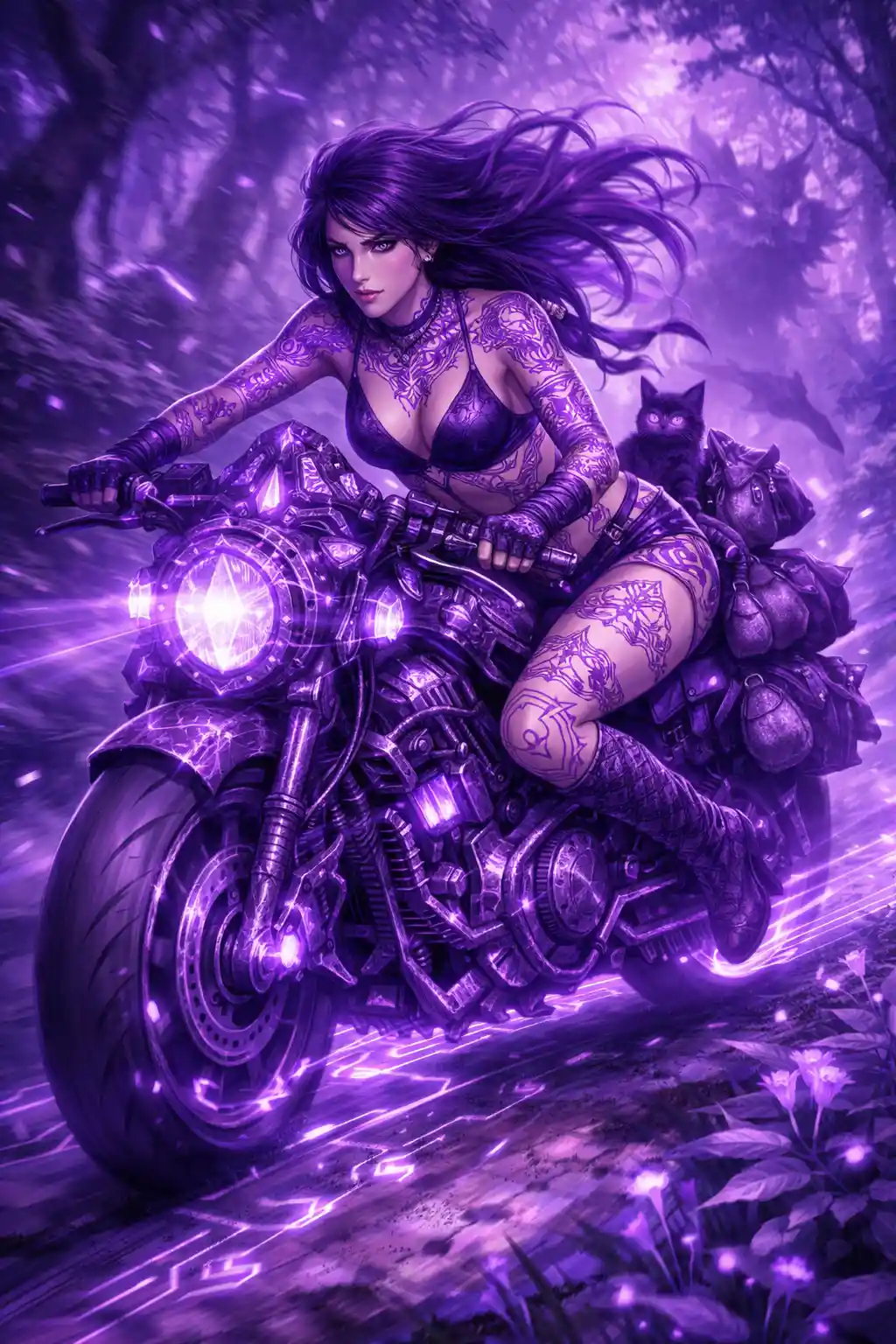 Purple witch racing a magical motorcycle through forest