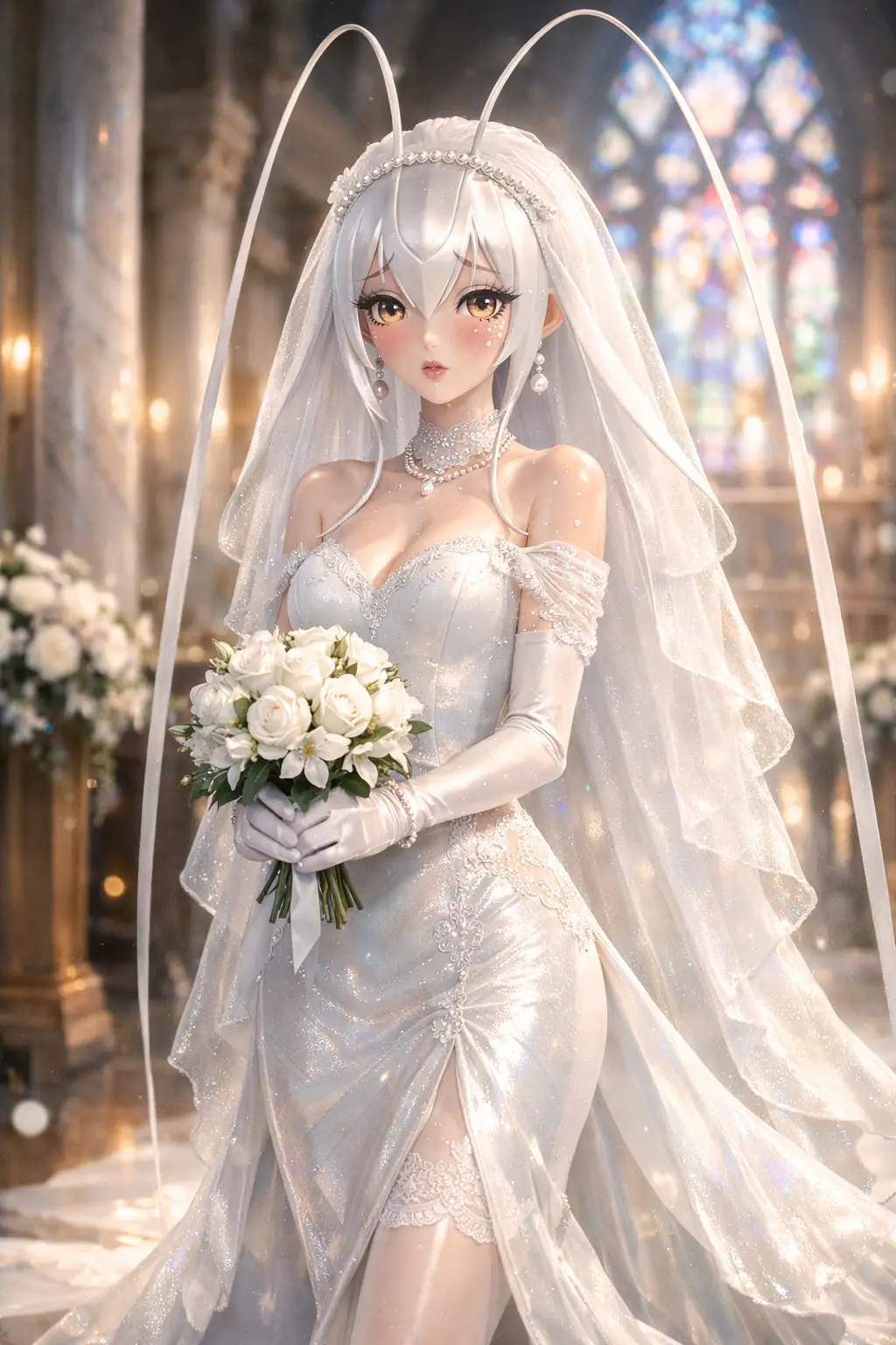 Nervous alien bride in a white gown at the altar
