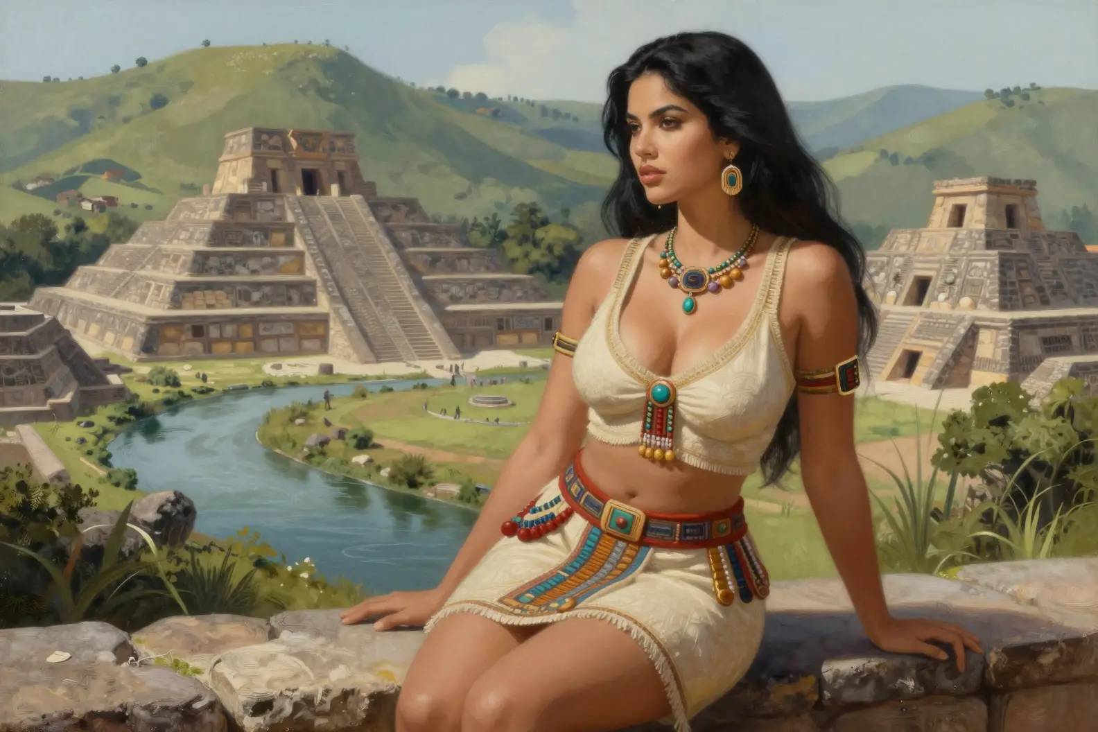 Glamorous woman in Incan outfit by ancient mountain ruins