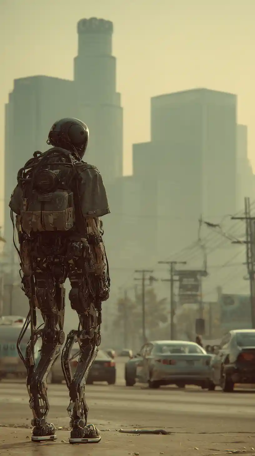 Futuristic steel exoskeleton towering over chaotic LA cityscape