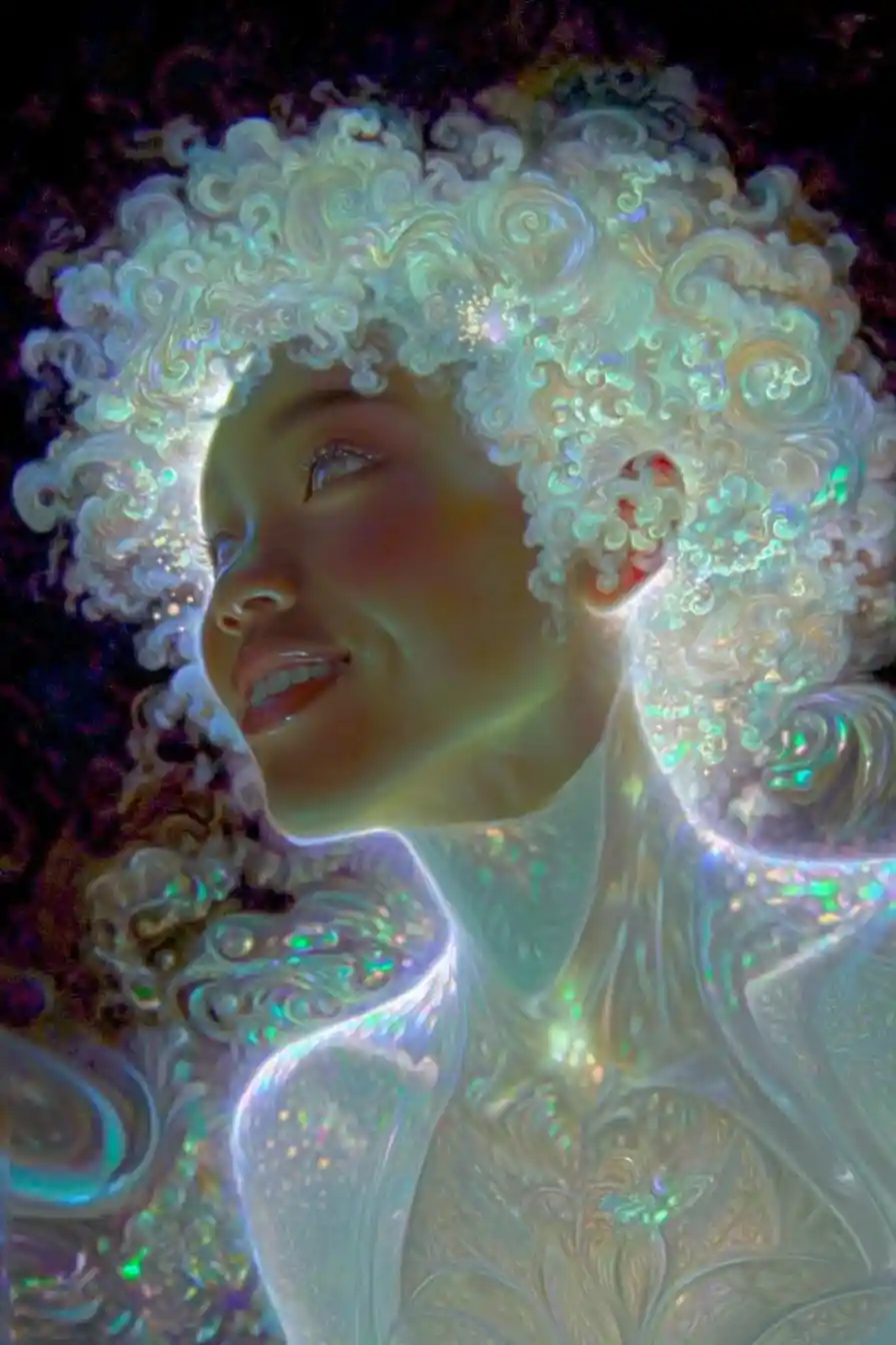 Dreamy opalescent portrait of a mysterious smiling girl