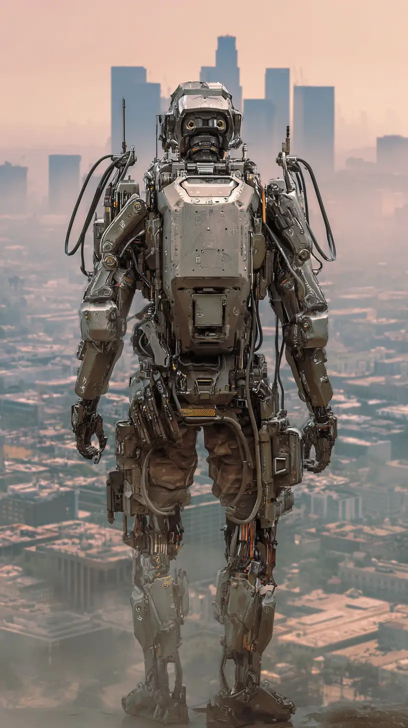 Massive futuristic exoskeleton in a chaotic los angeles city