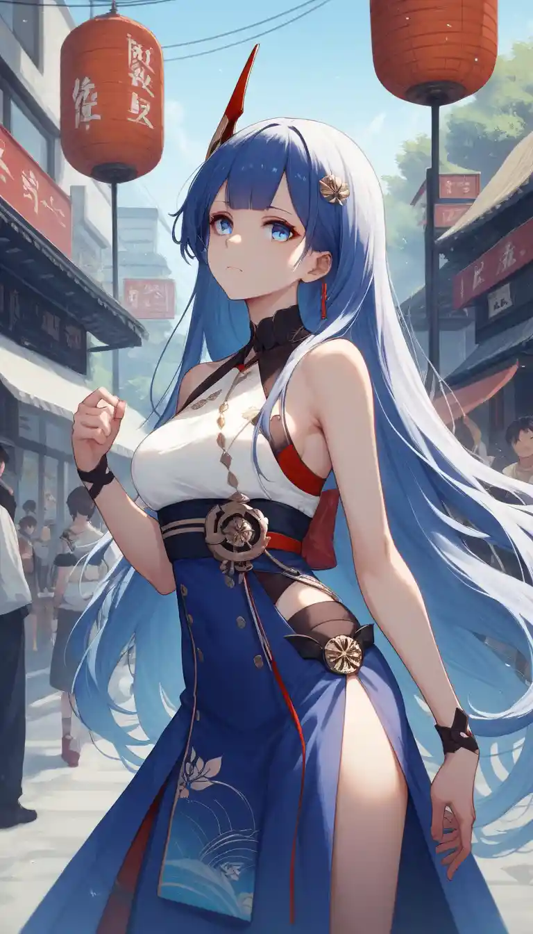 Anime woman with blue eyes posing in a public space