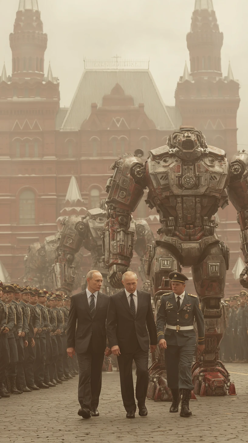 Mecha futuristici allineati in una piazza nebbiosa di Mosca