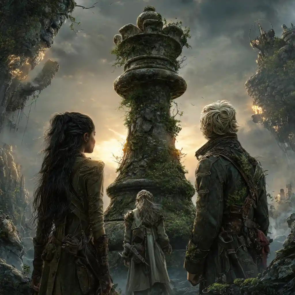 Steampunk adventurers facing a colossal moss covered chess tower