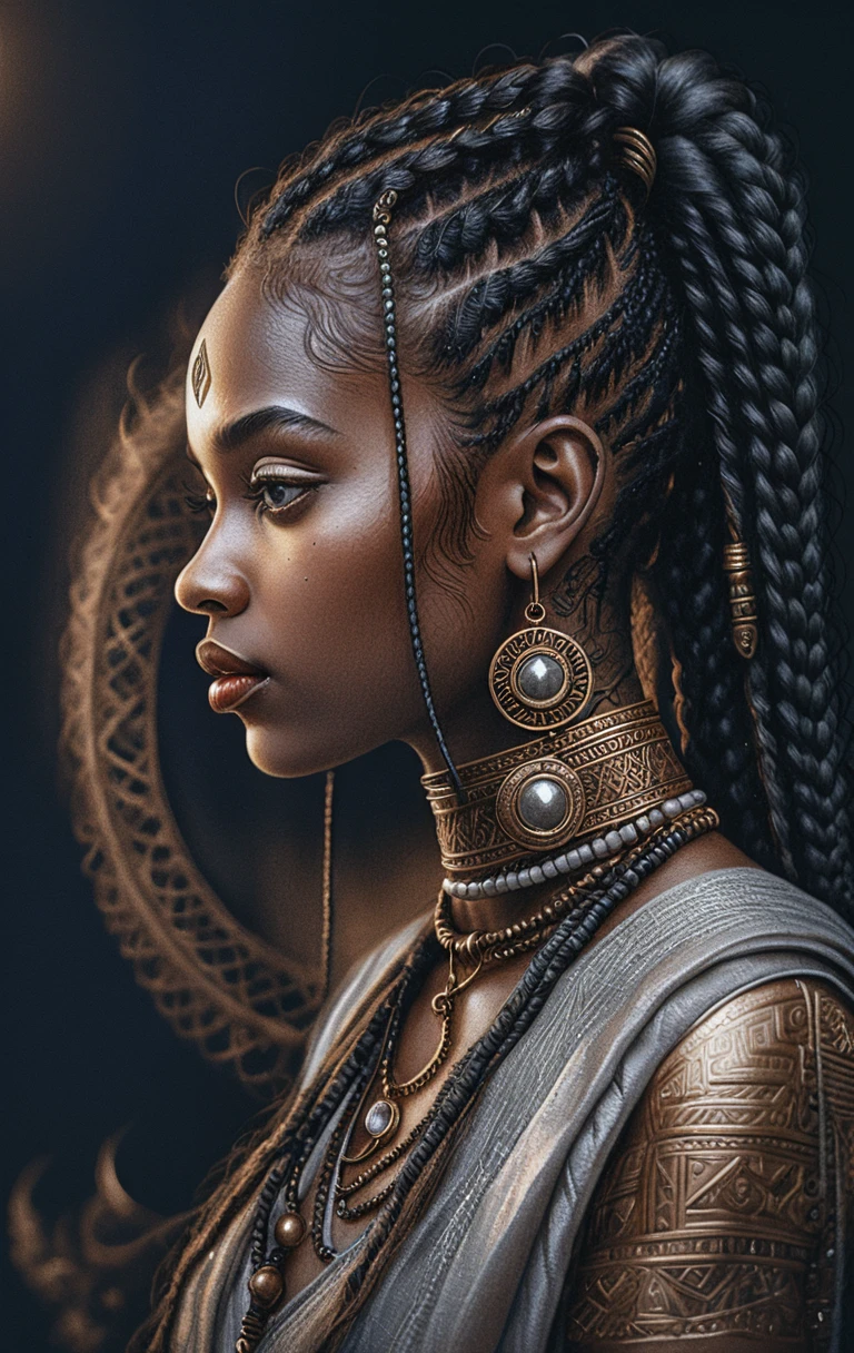 Graphite profile portrait of a braided warrior woman