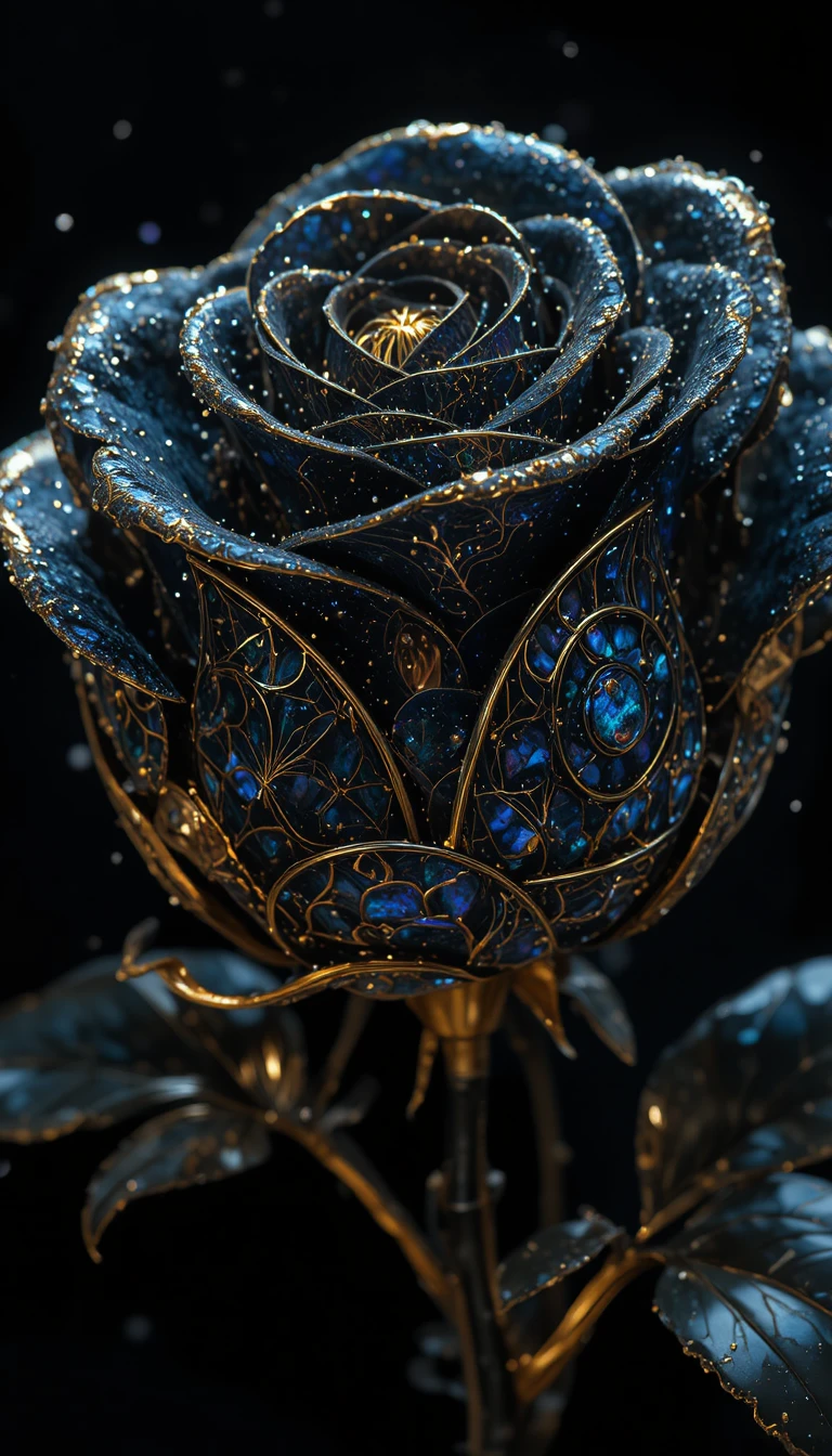 Nahaufnahme einer schwarzen Opal-Rosen-Skulptur mit kosmischen Reflexionen