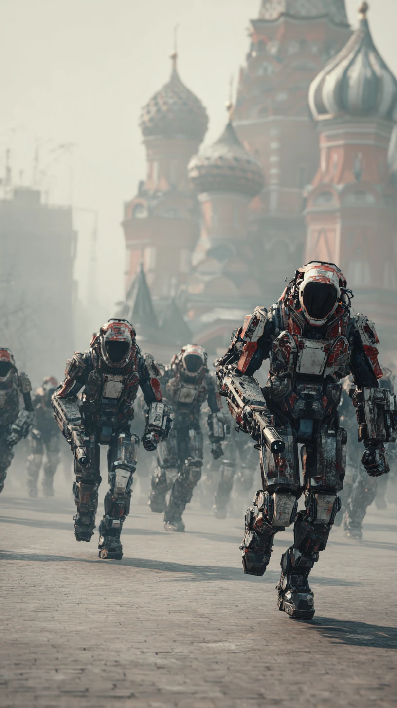 Futuristic combat mechs battling soldiers on Moscow Red Square