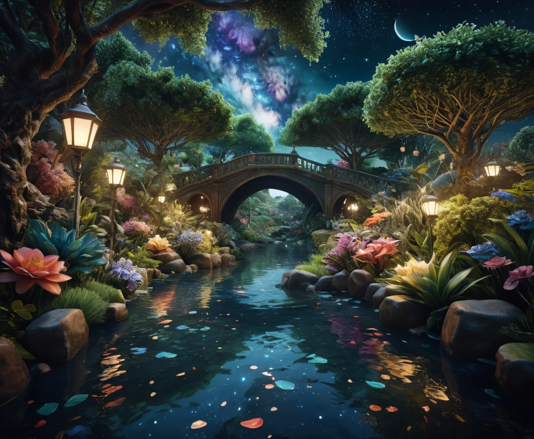 Giardino paradisiaco surreale sotto un cielo celestiale pieno di stelle
