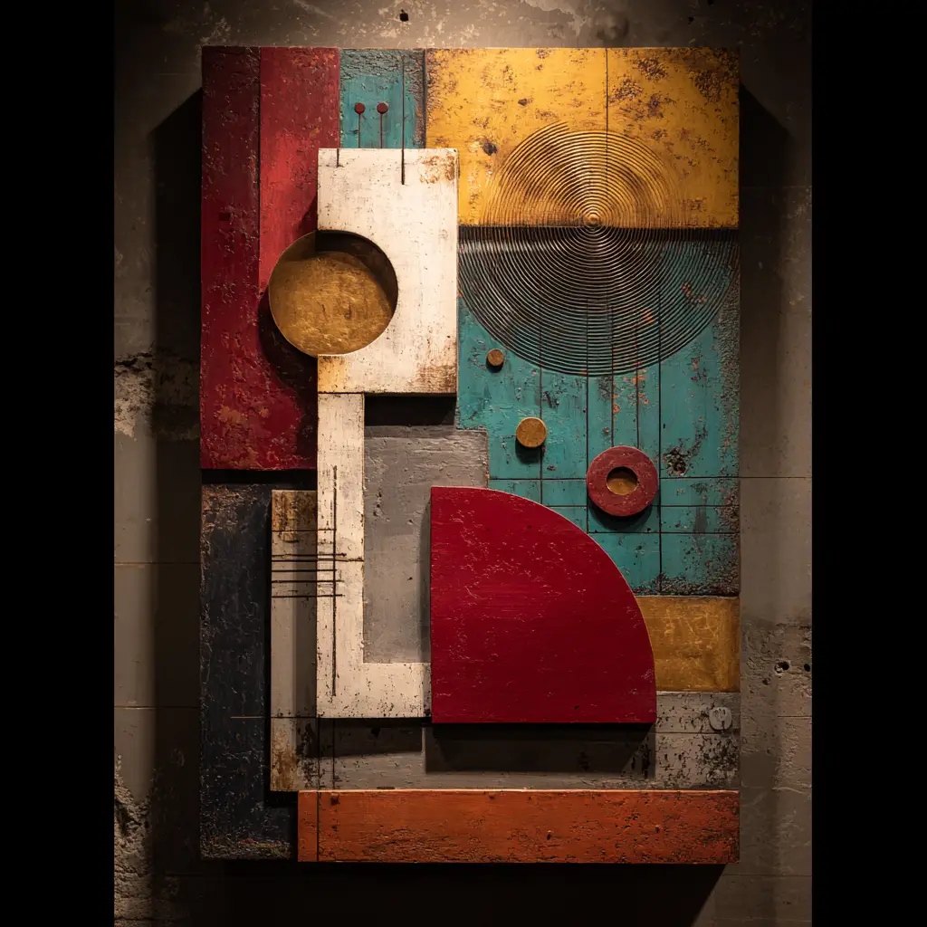 Vertical mixed media abstract with layered geometric forms