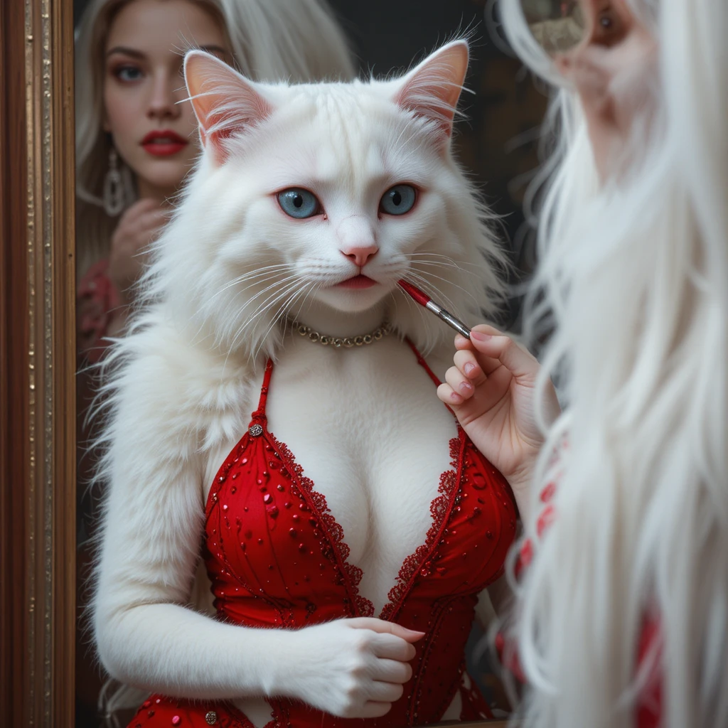 Chatte blanche en tenue rouge mettant du rouge à lèvres devant le miroir